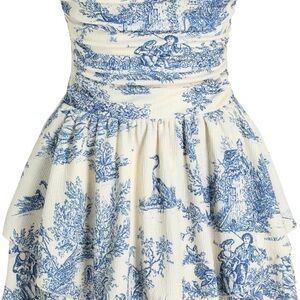 Blue and White strapless print mini dress